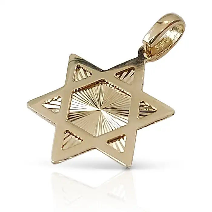 מגן דוד בחריטת שמש זורחת – תליון יודאיקה מזהב 14K