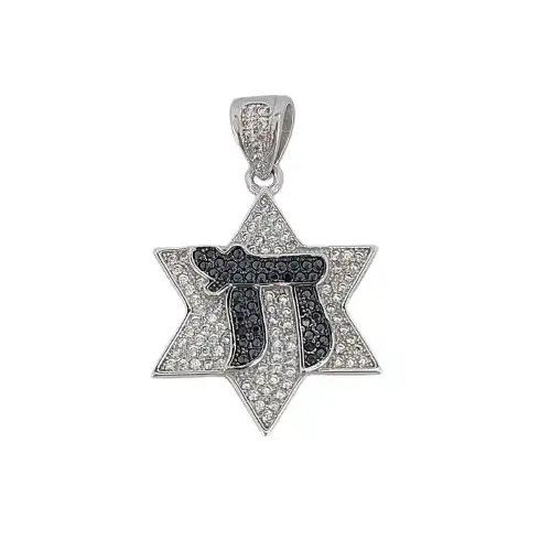תליון  בשלוב מגן דויד  וחי כסף 925  משובץ באבנים זירקוניה