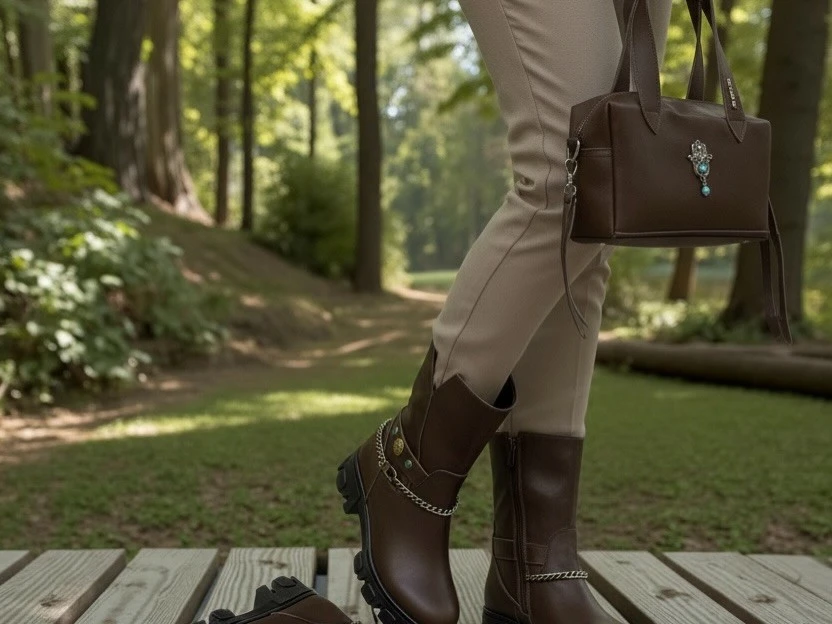 מגף עור חום + שרשרת + תיק