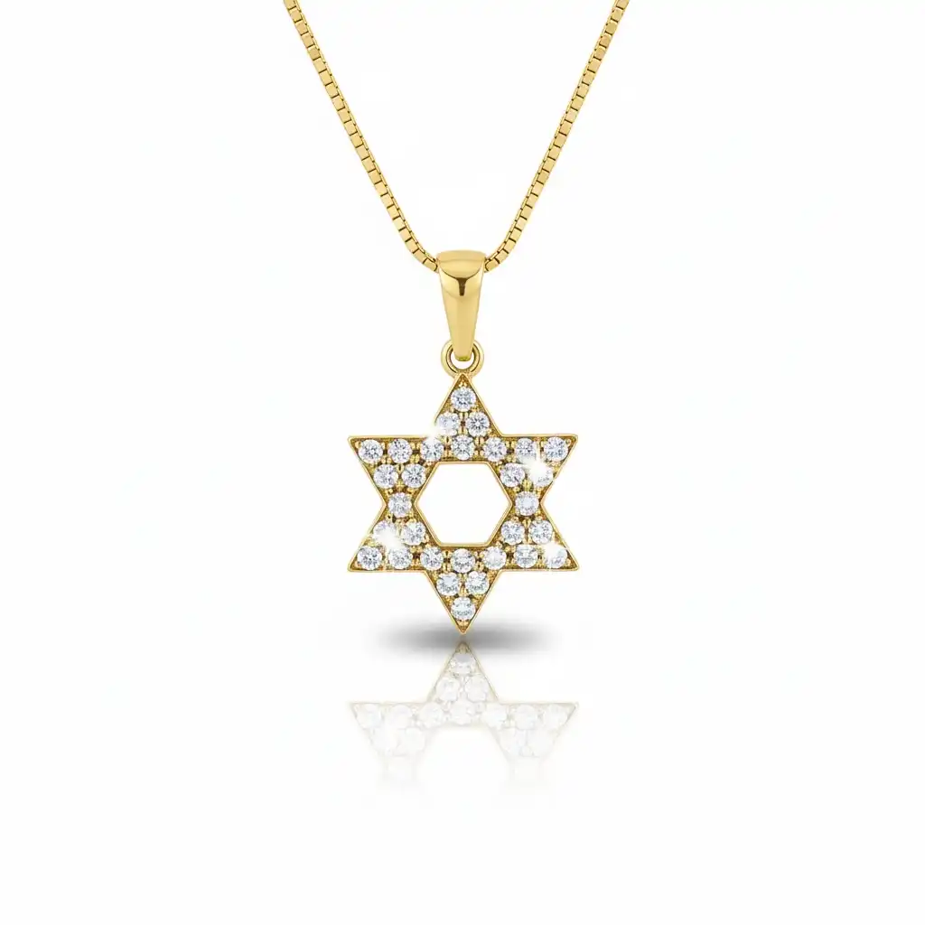 תליון מגן דוד משובץ ביהלומים טבעיים ונקיים 0.36FVS כולל שרשרת זהב 14K