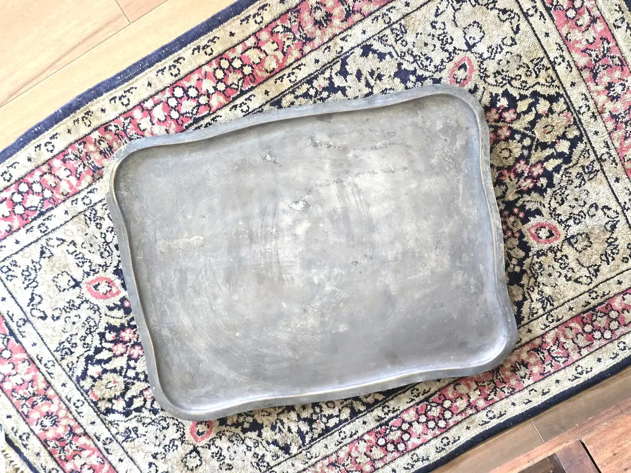 מגש נחושת רוסי מצופה, עתיק, חתום, 44X35 ס'