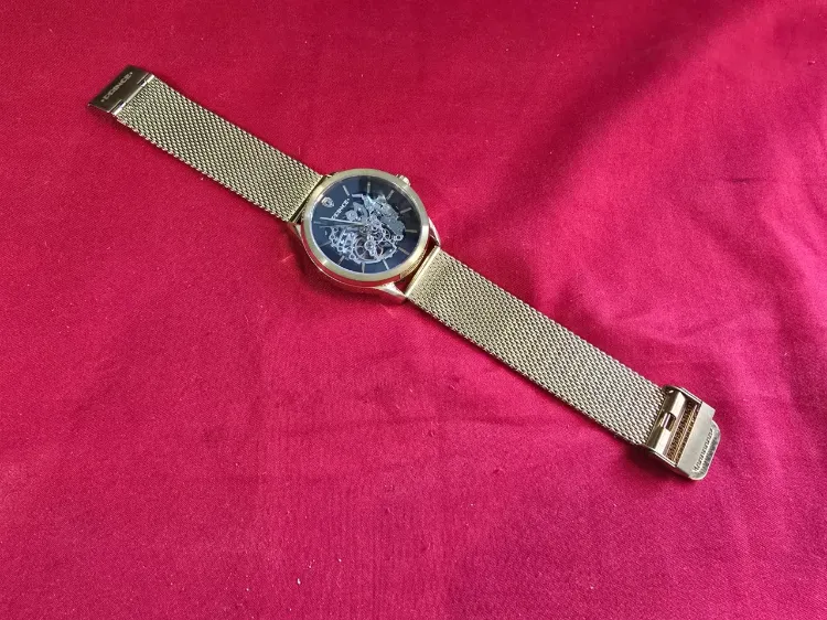 שעון יד לגבר עם מנגנון אוטומתי עם תנועת היד .ניתן לראות את גלגלי השינים של השעוןגוף השעון והרצועות בגוון זהב