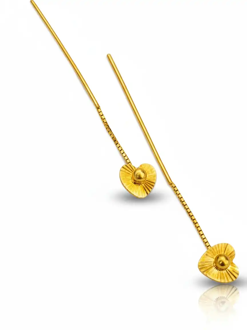 עגיל זהב לב - עגילי חוט תלויים זהב צהוב