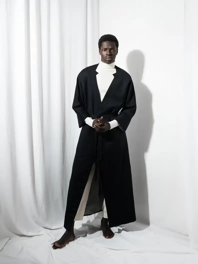 מעיל קימונו ארוך מצמר שחור לגברים – NARGASSI