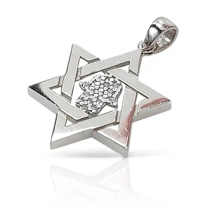 תליון מגן דוד עם חמסה משובצת זהב 14K