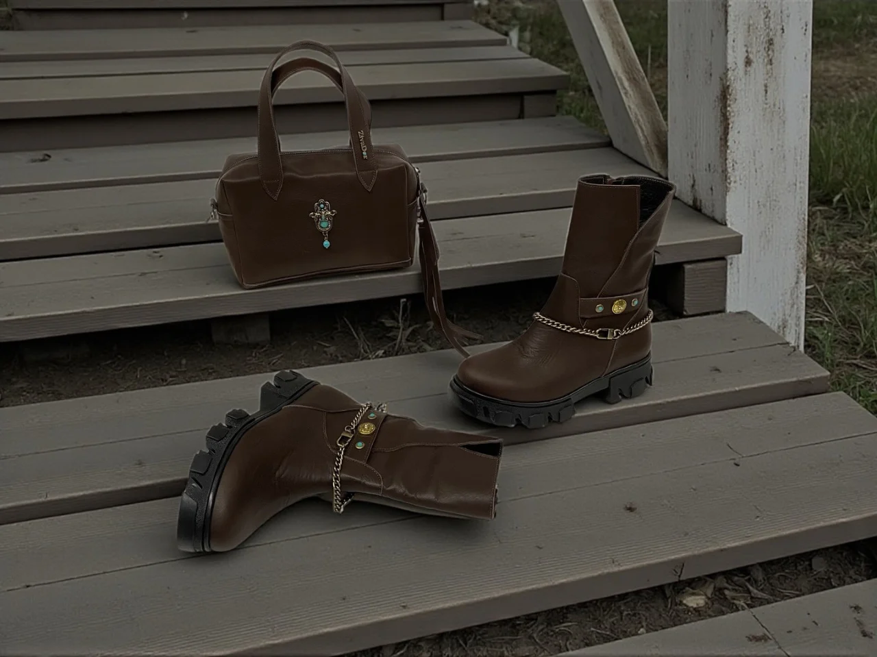 מגף עור חום + שרשרת + תיק