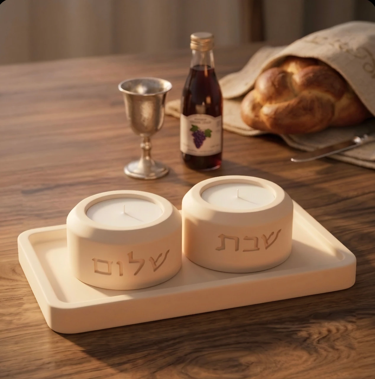 פמוטי שבת שלום עם מגש מלבני