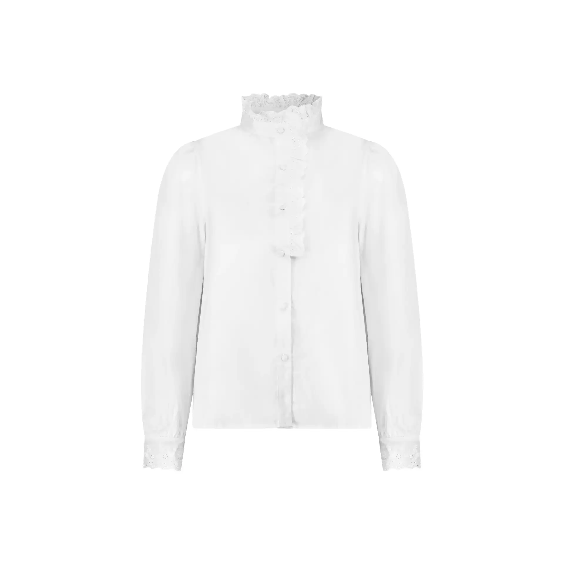 חולצה לבנה מכופתרת עם צווארון ושרוולים מעוטרים בתחרה