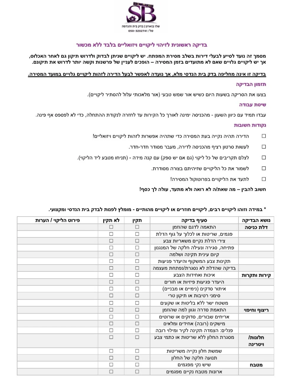 מסמך הנחיות וצ'ק-ליסט מקיף לשלב מסירת הדירה
