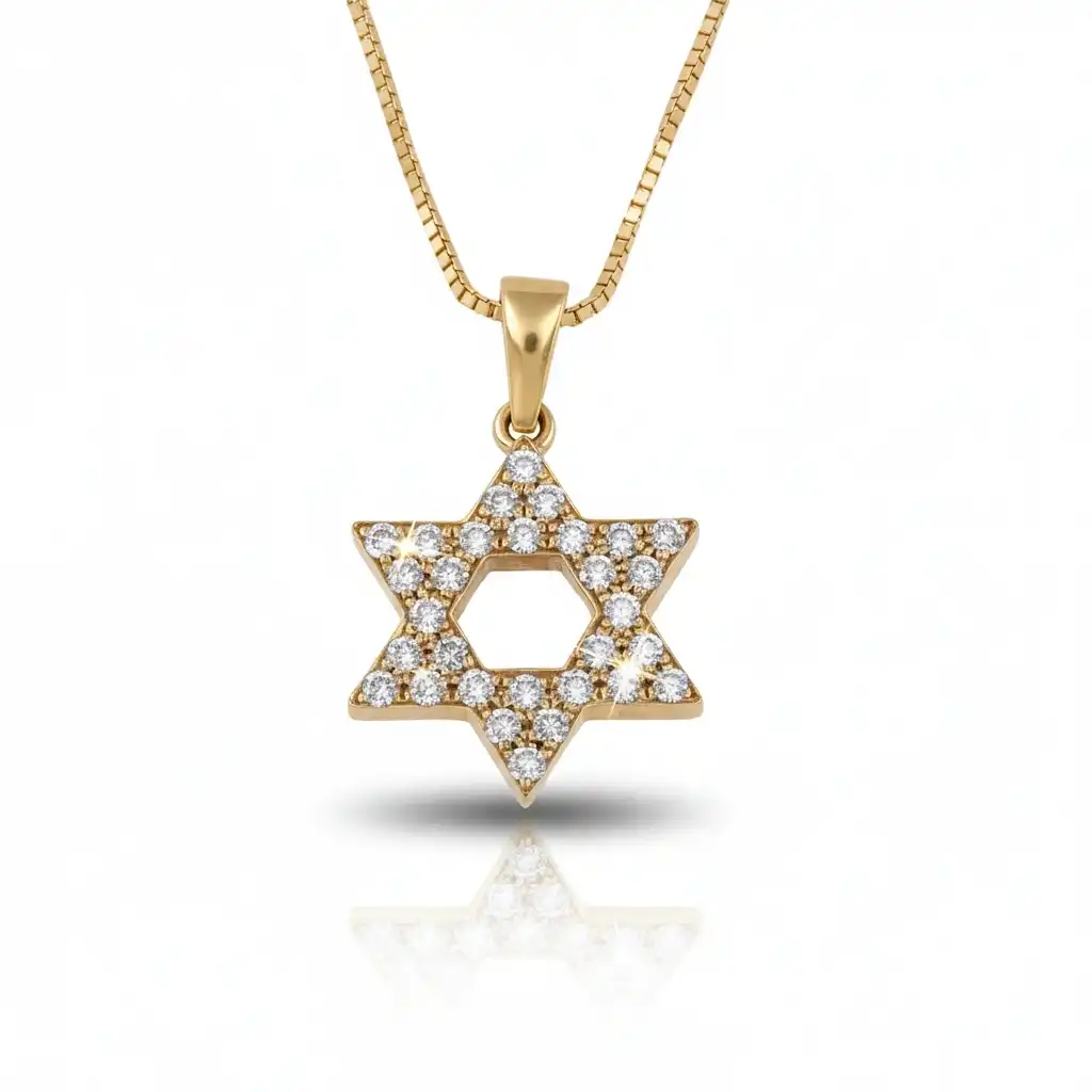תליון מגן דוד משובץ ביהלומים טבעיים ונקיים 0.36FVS כולל שרשרת זהב 14K
