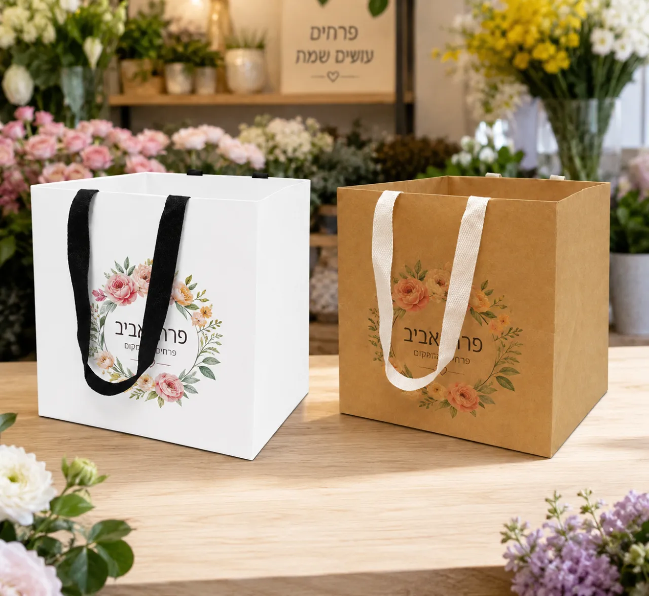 שקיות קרטון ממותגות בגודל: 25-25 גובה 25 ס”מ