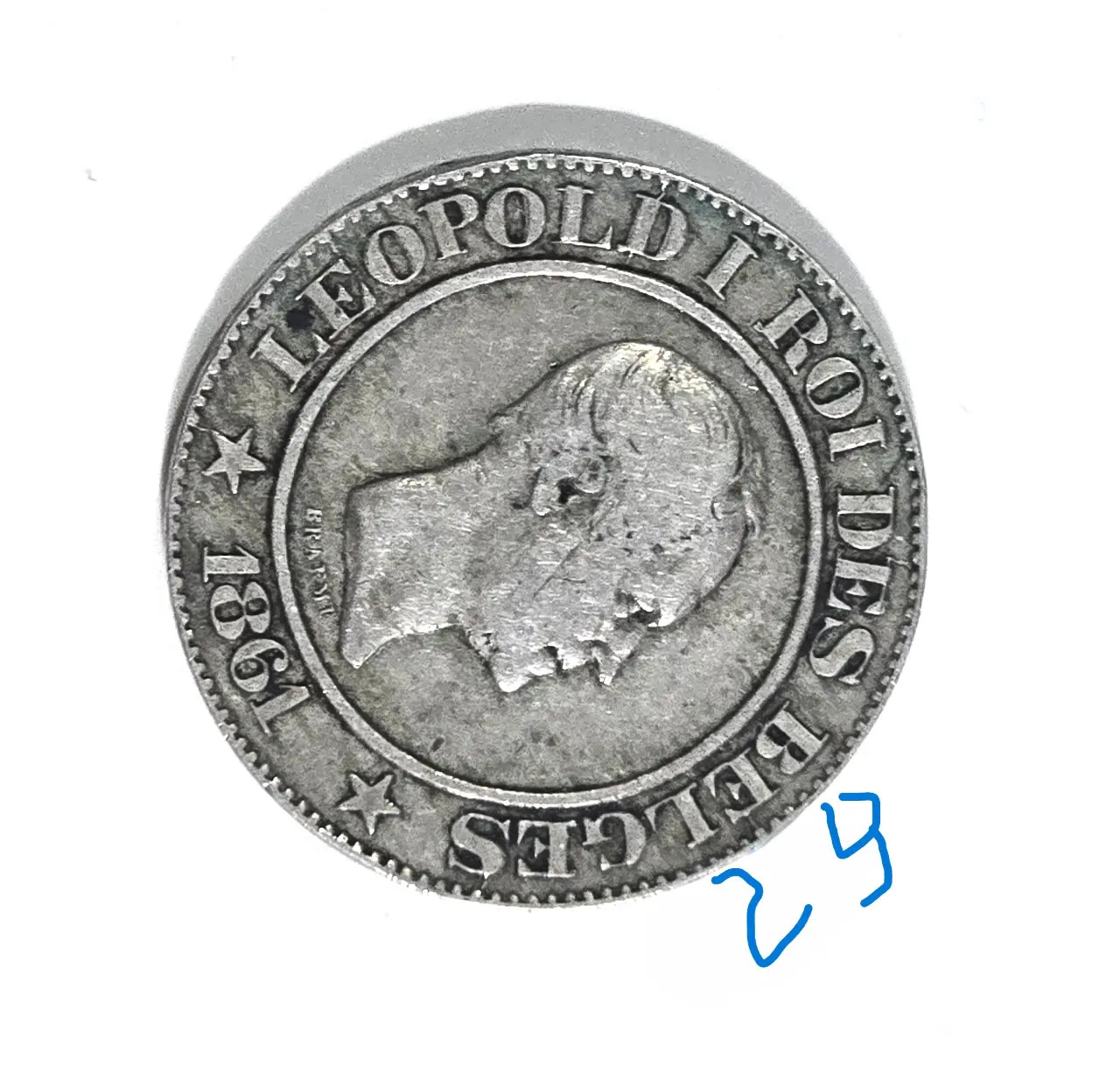 מטבע בלגי שנת 1861 דיוקן המלך ליאופולד הראשון מצב טוב מאד 20 סנטים בלגי שנת 1861