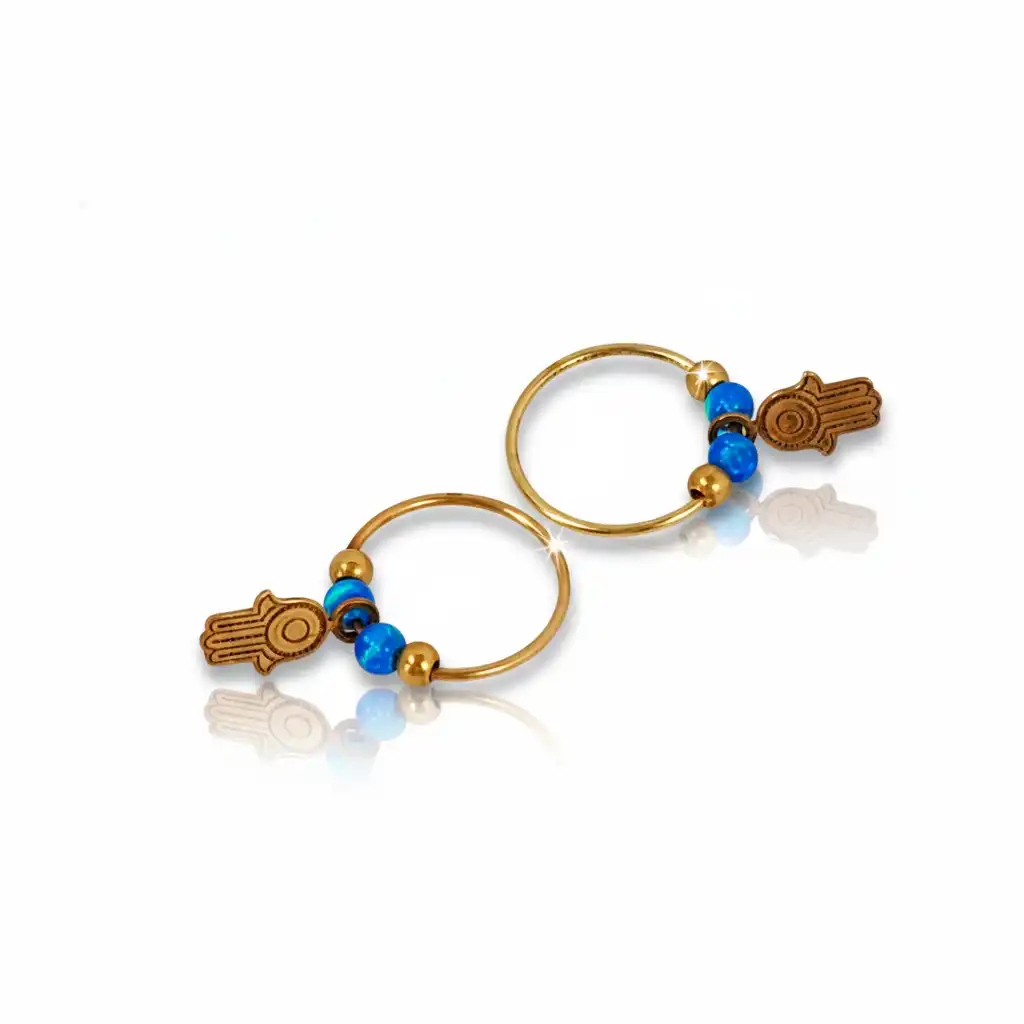 עגילי חישוק חמסה עם אבני אופל לנערה זהב 14K