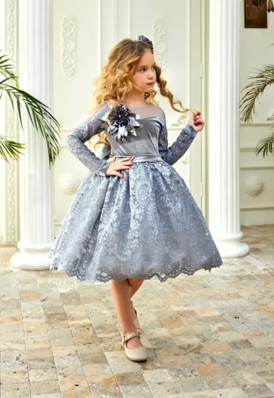 שמלה פרמיום כסופה תחרה 4-13 שנים