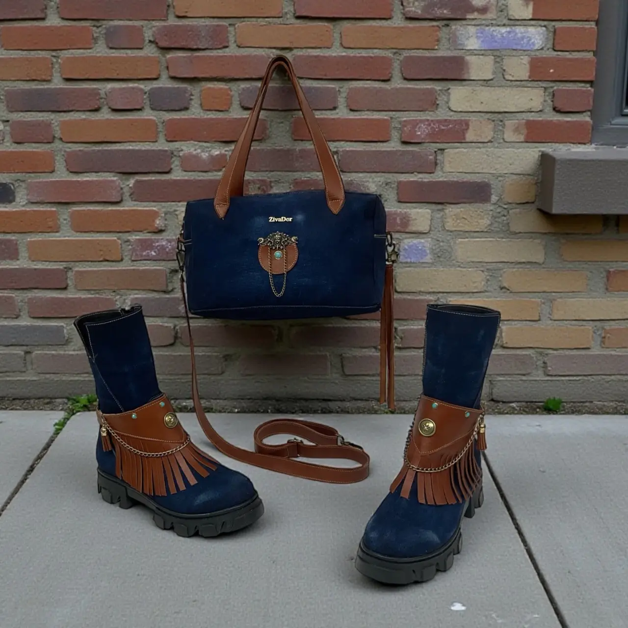 מגפון ג'ינס ועור + צמיד + תיק