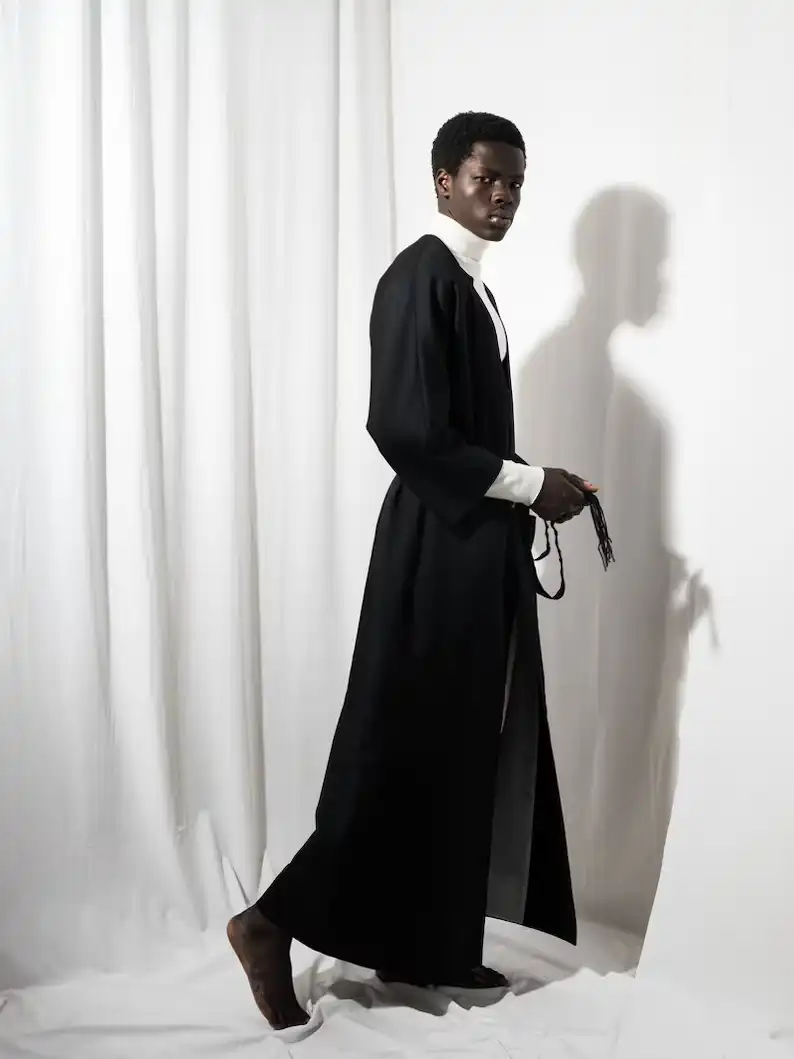 מעיל קימונו ארוך מצמר שחור לגברים – NARGASSI