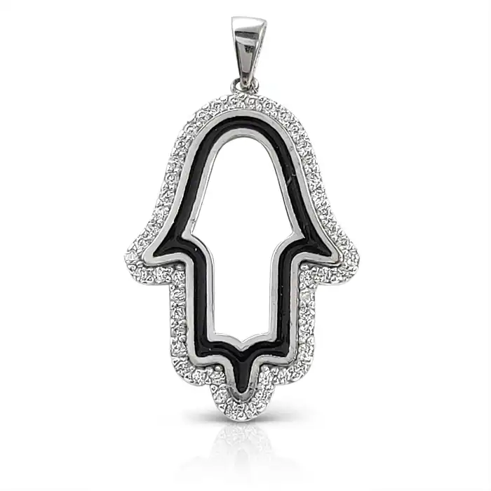 תליון חמסה עם אמייל שחור וזירקונים  14K