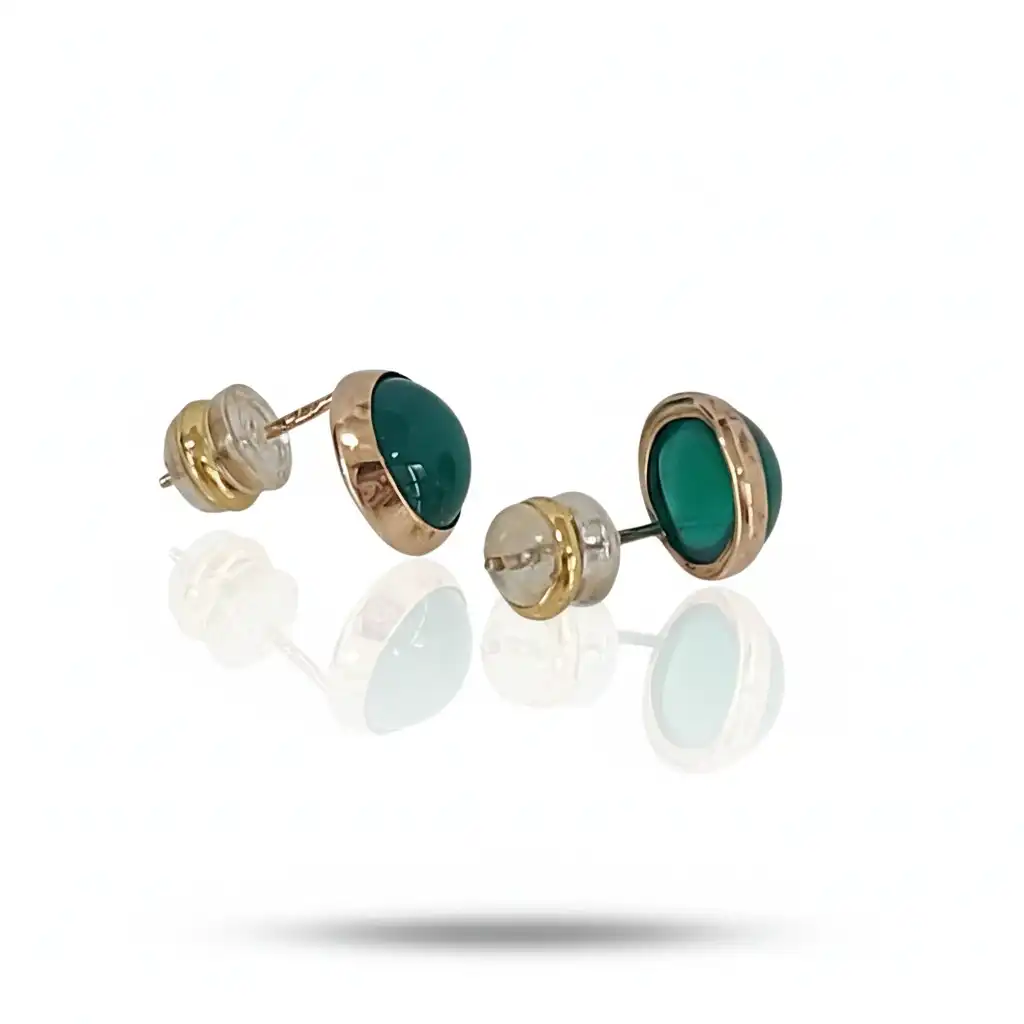 עגילים צודים לנערה עם אבן אוניקס ירוק זהב 14K