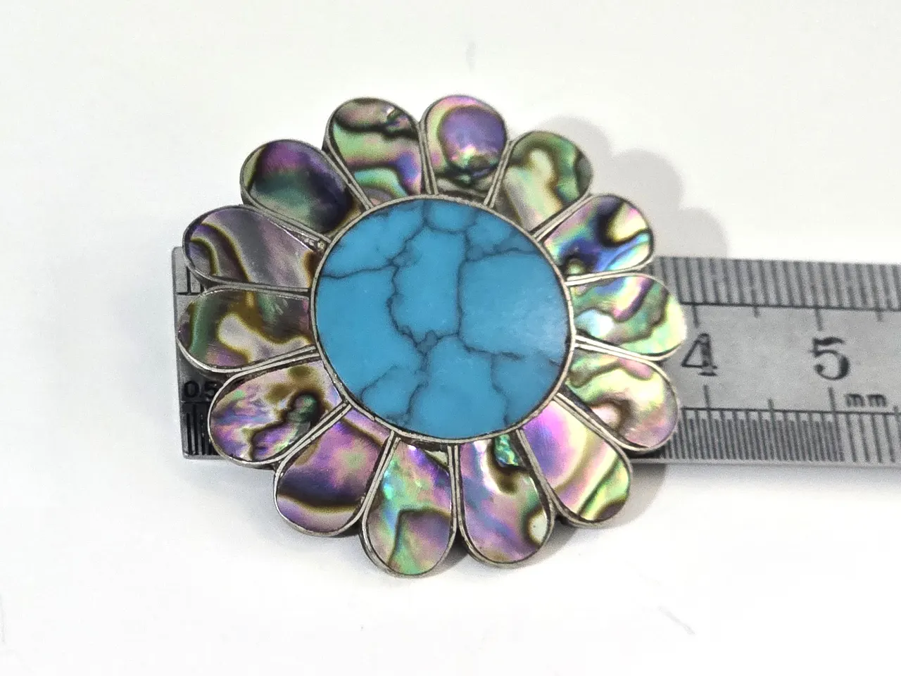 תליון סיכה פרחוני מכסף סטרלינג 925 עם טורקיז טבעי ואם הפנינה - וינטג׳