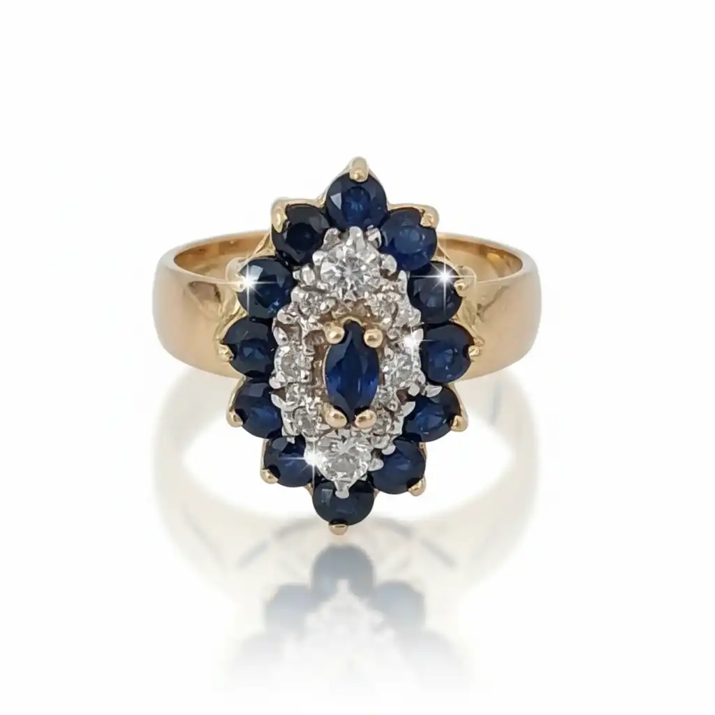 טבעת וינטג' יהלומים טבעיים נקיים 0.47GVVS בשילוב עם אבנים ספירים טבעיים