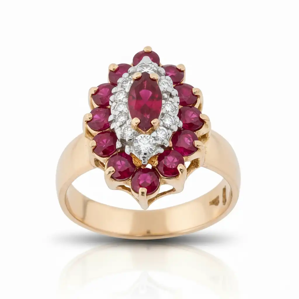 טבעת וינטג' יהלומים טבעיים נקיים 0.47GVVS בשילוב עם אבנים ספירים טבעיים