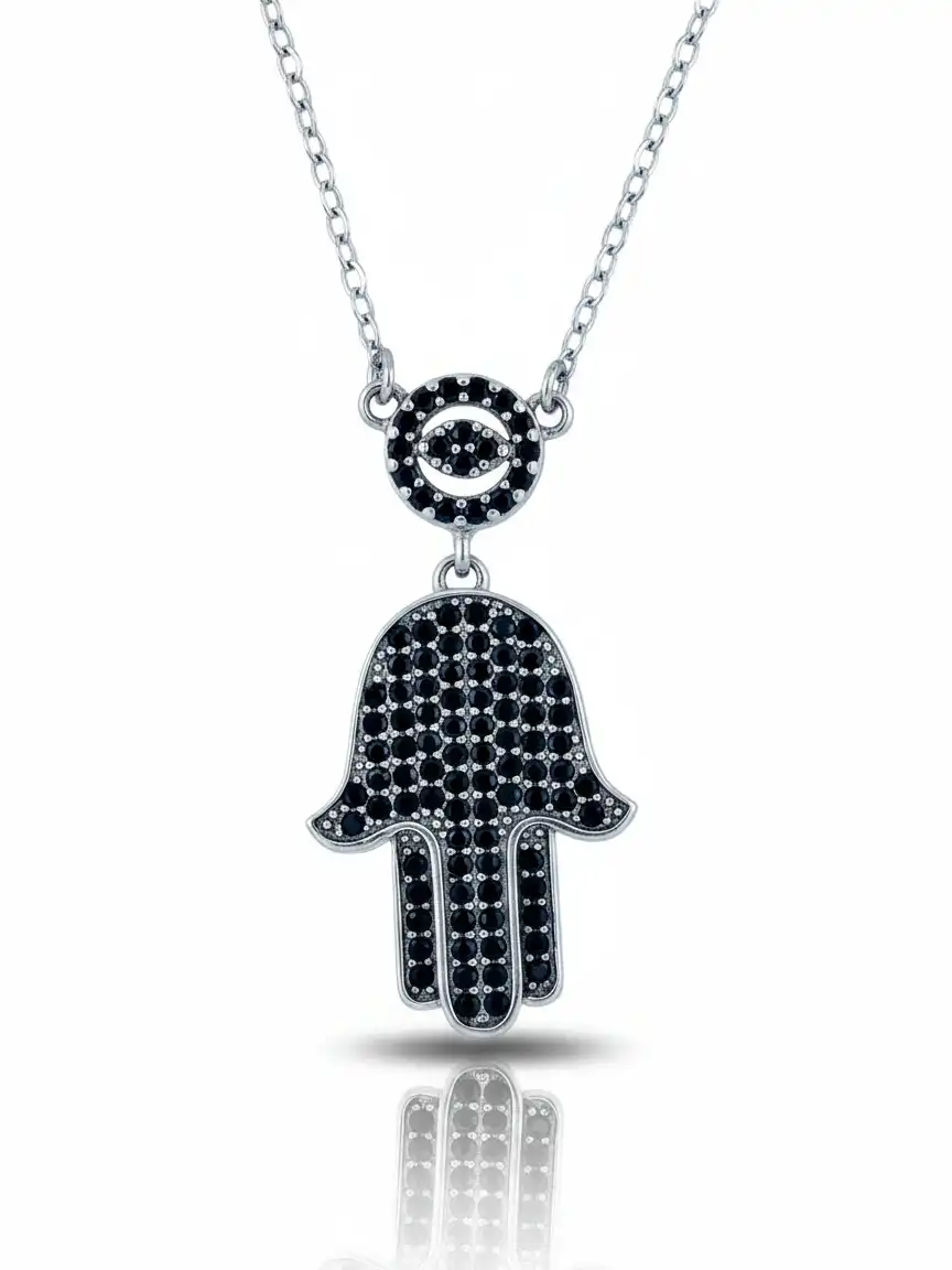 תליון חמסה משובצת בזרקונים  שחורים כסף 925 כולל שרשרת