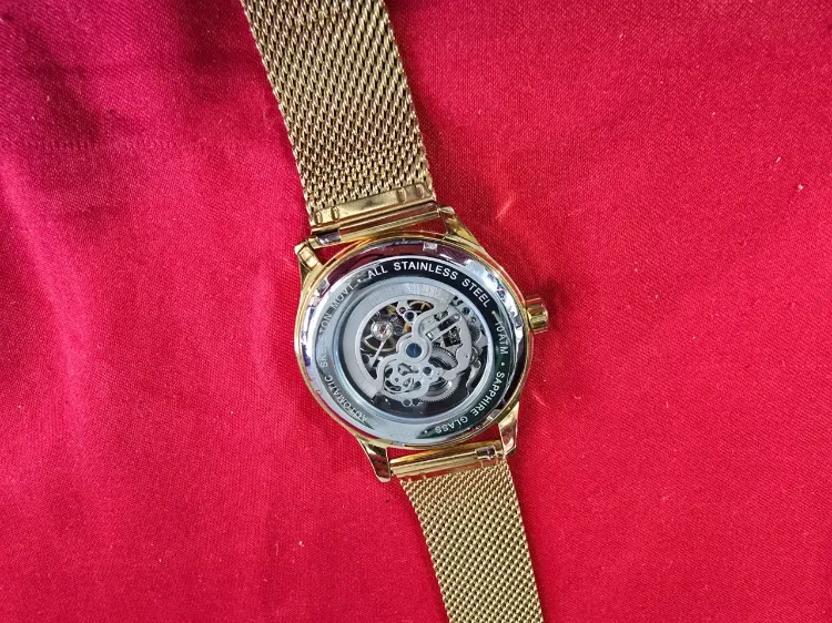 שעון יד לגבר עם מנגנון אוטומתי עם תנועת היד .ניתן לראות את גלגלי השינים של השעוןגוף השעון והרצועות בגוון זהב