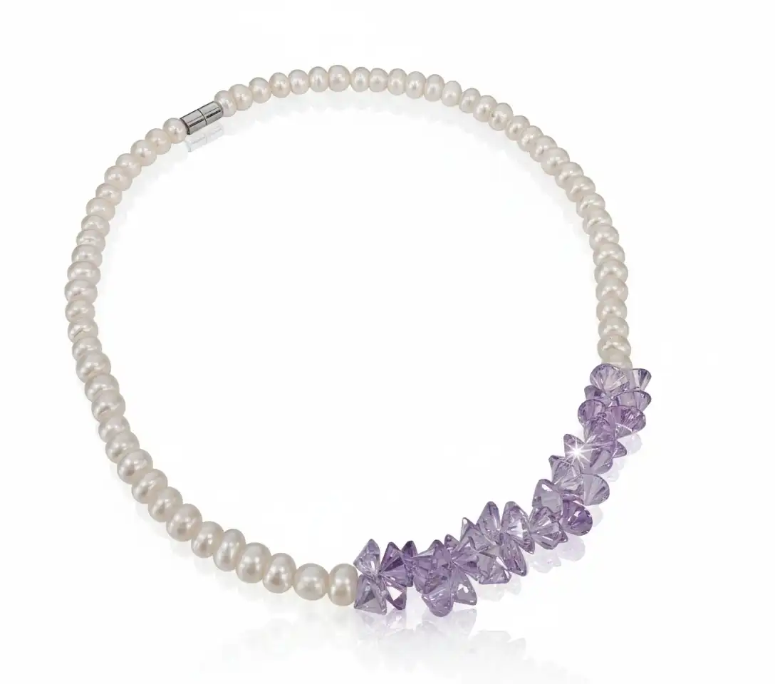 קולייר שרשרת פנינים אמתיות בשילוב עםאבנים אמטיסט