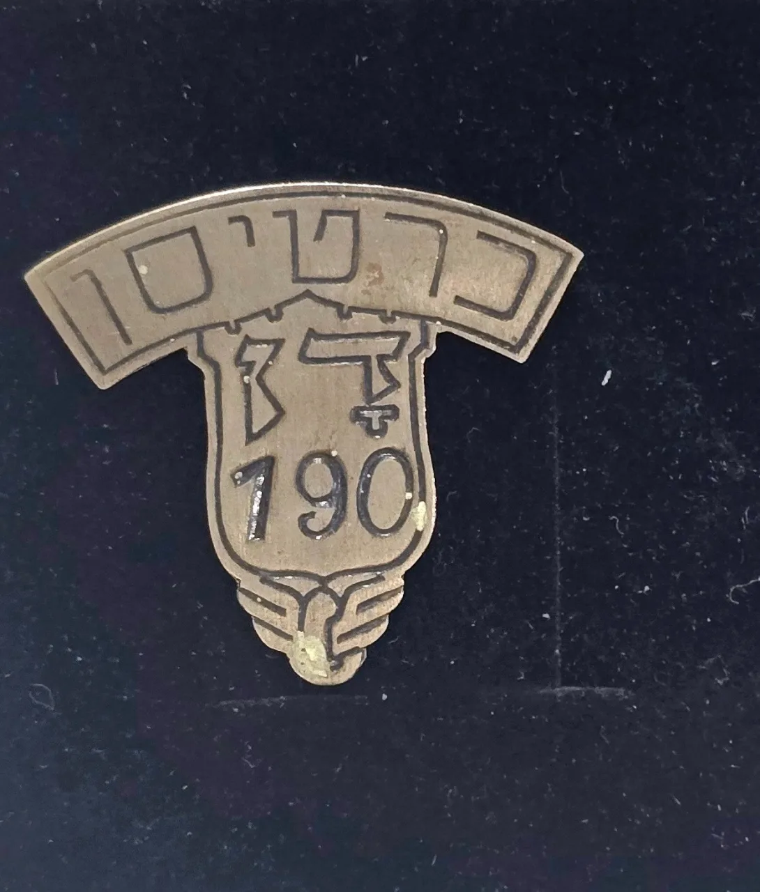 סמל כובע מוקדם כרטיסן בחברת האוטובוסים דן משנות ה-40. פלדה. מספר 190. מידות כ 32x32 מ״מ