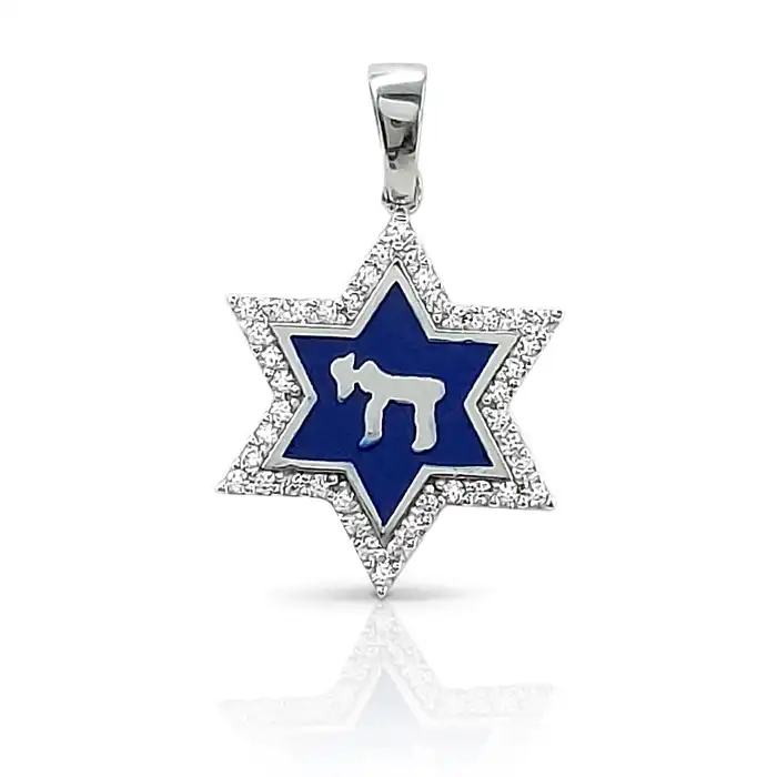 מגן דוד אמייל כחול וזירקונים זהב 14K