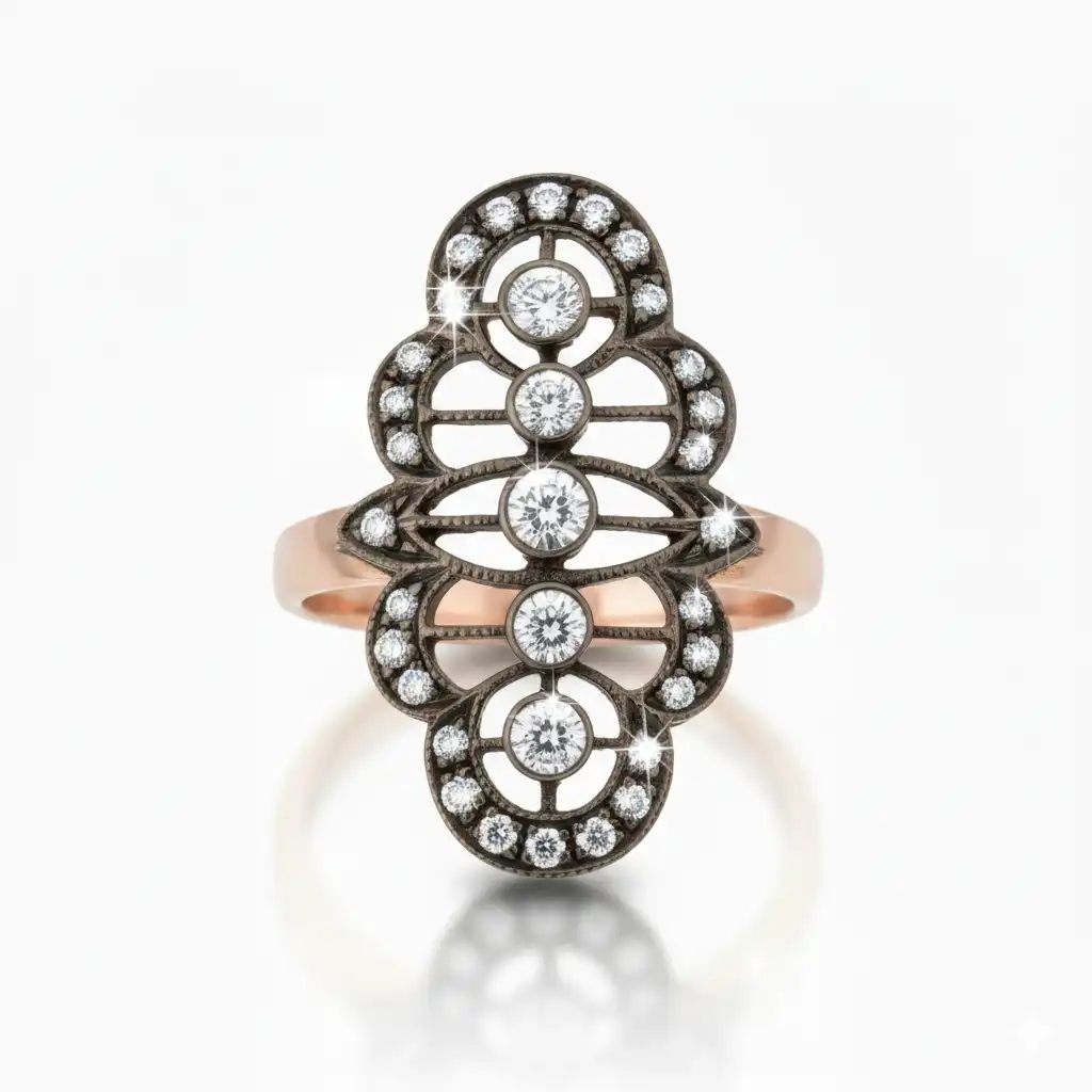 טבעת יהלומים מרכיזה וינטג' משובצת ביהלומים 0.54HSI זהב אדום 14K