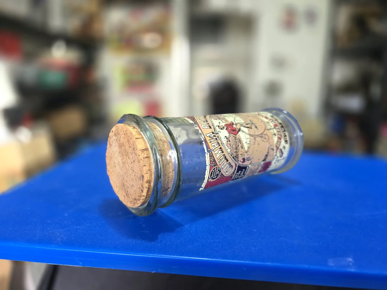 פריט דקורטיבי לאספנים או עיצוב מטבח צנצנת זכוכית גלילית וינט'ג פרסומת עבור אופני קולומביה אורך 23 ס'מ קוטר 10 ס'מ