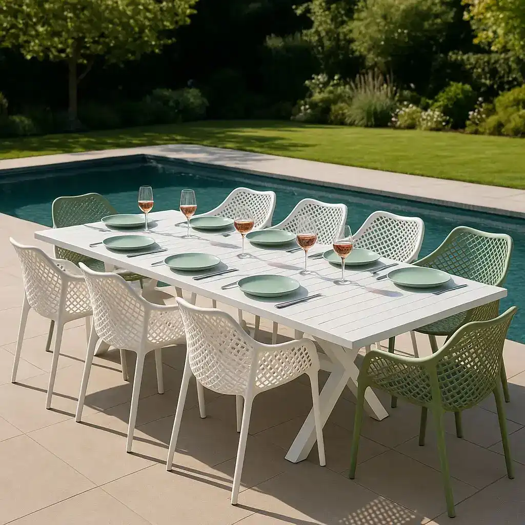 סשט שולחן רגלי X נפתח ל3 מטר כולל 6 כסאות עם משענת יד!!