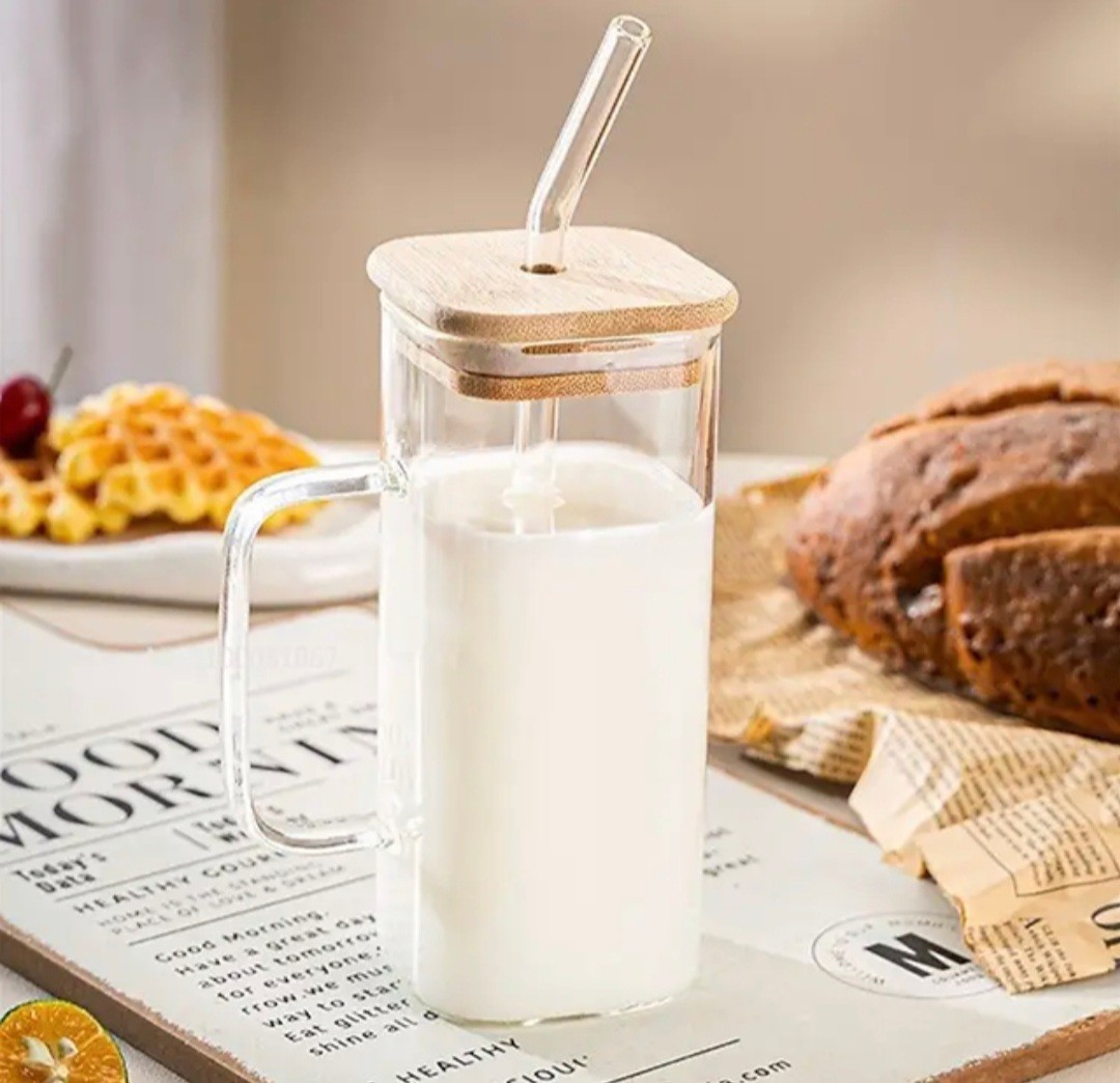 כוס דגם רונדו עם מכסה במבוק 400 מ"ל קש זכוכית