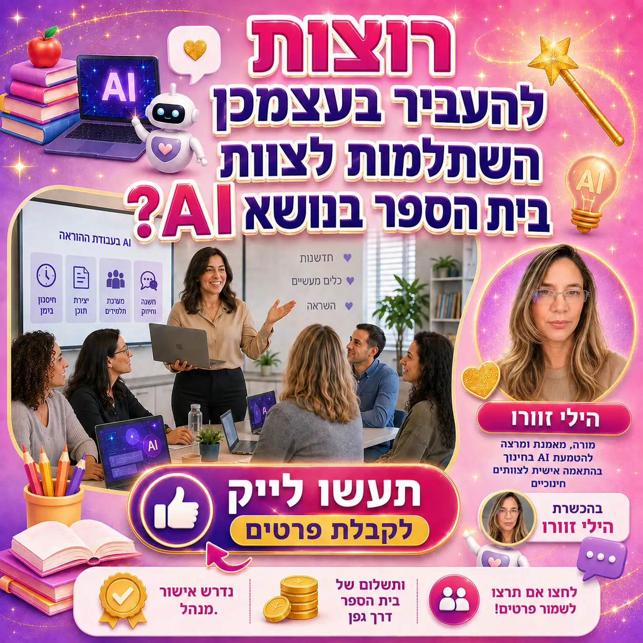 בואו להעביר השתלמות בית ספרי על בינה מלאכותית אצלכם בבית הספר!