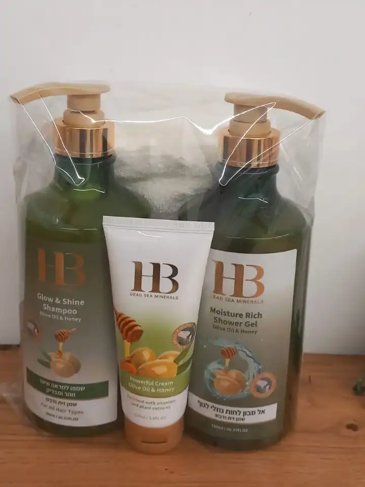 מארז שמן זית ודבש – שמפו+קרם ידיים+ג’ל רחצה