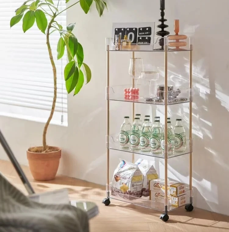 עגלת אחסון מאקריל 4 קומות על גלגלים