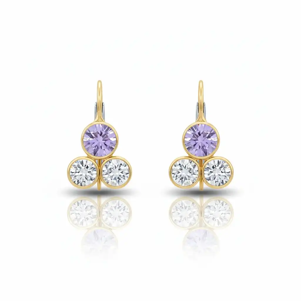 עגילי זהב 14K תלויים משובצים עם אבני חן אמטיסט וזירקוניה