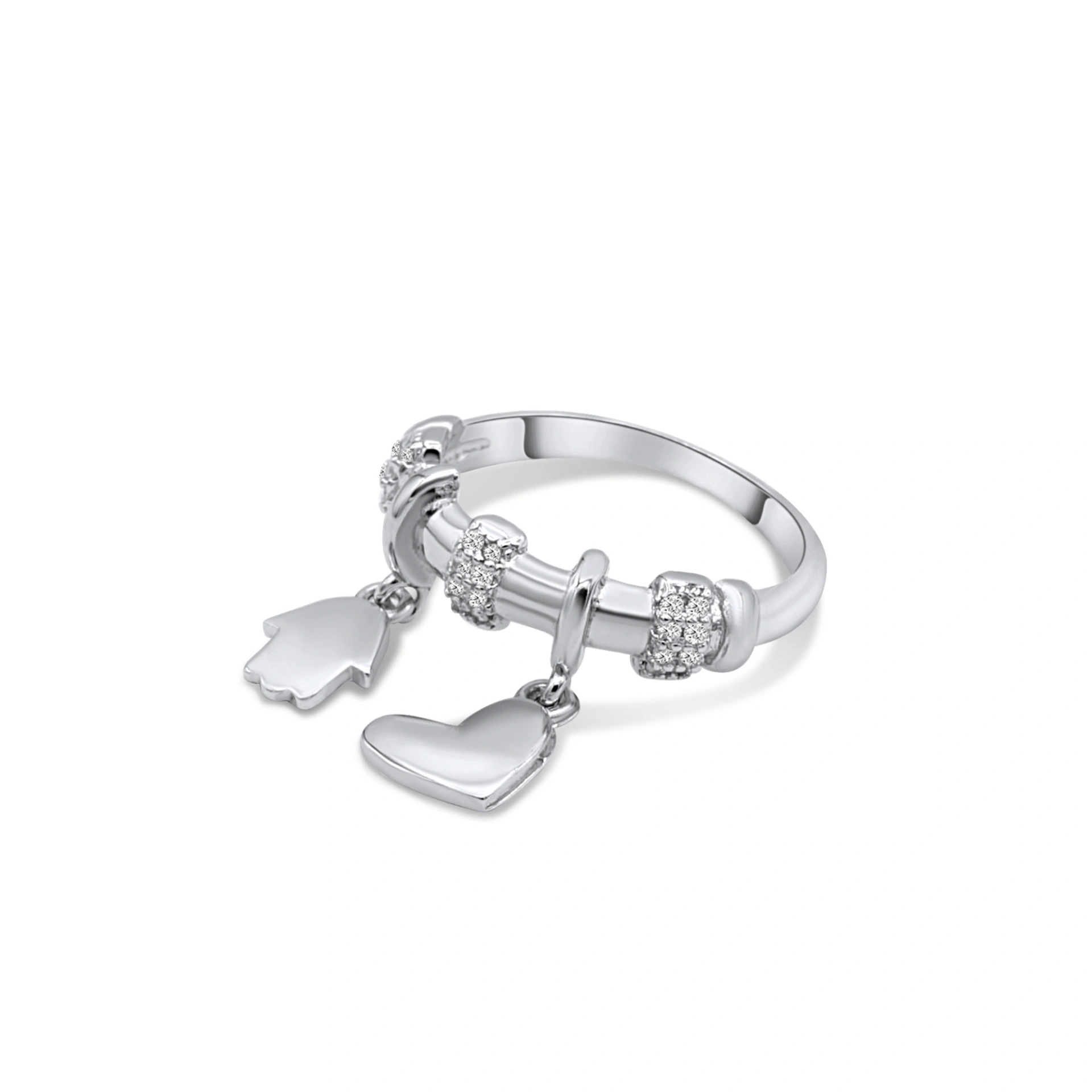 טבעת כסף צ'ארמים לב וחמסה