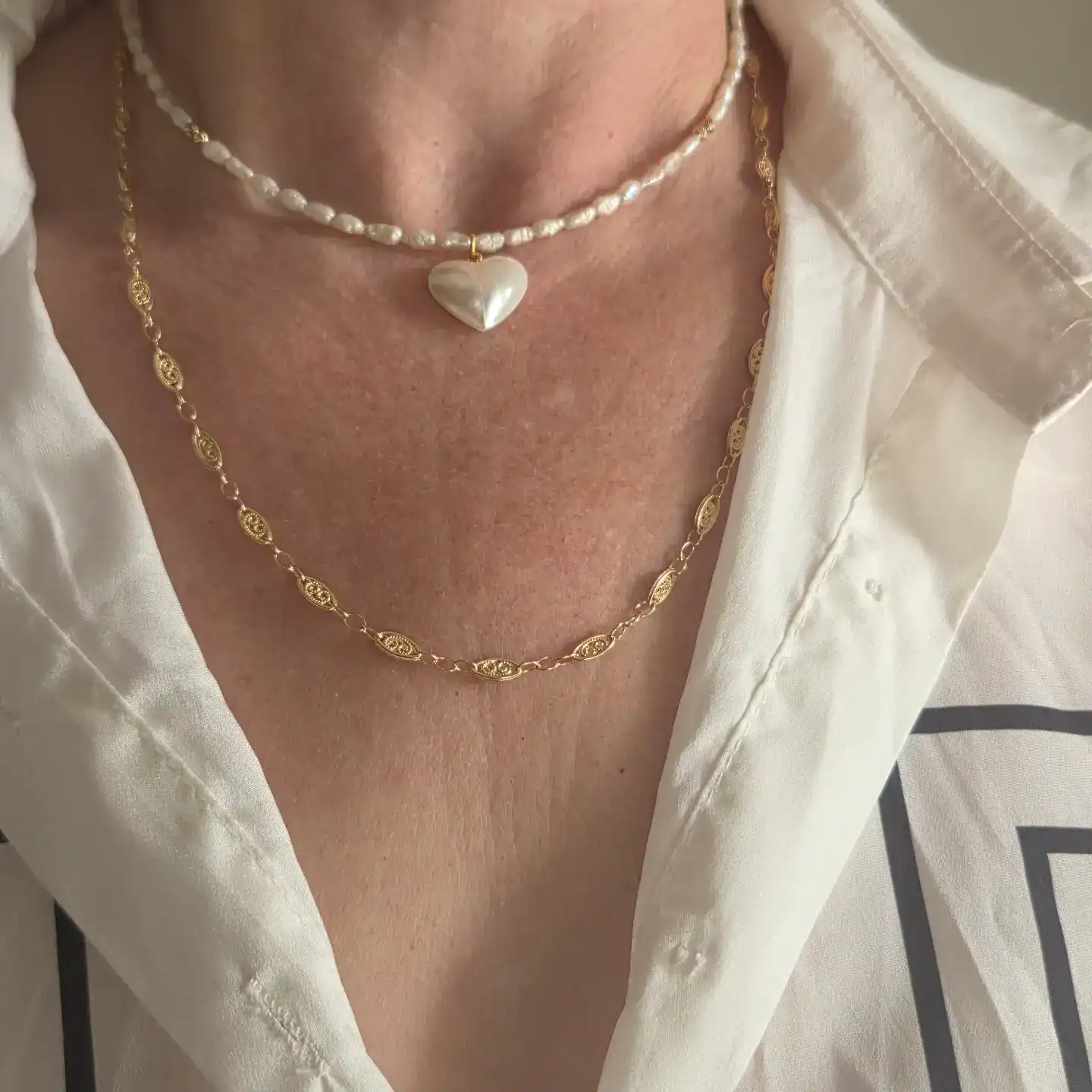 שרשרת פנינים עם לב פנינה