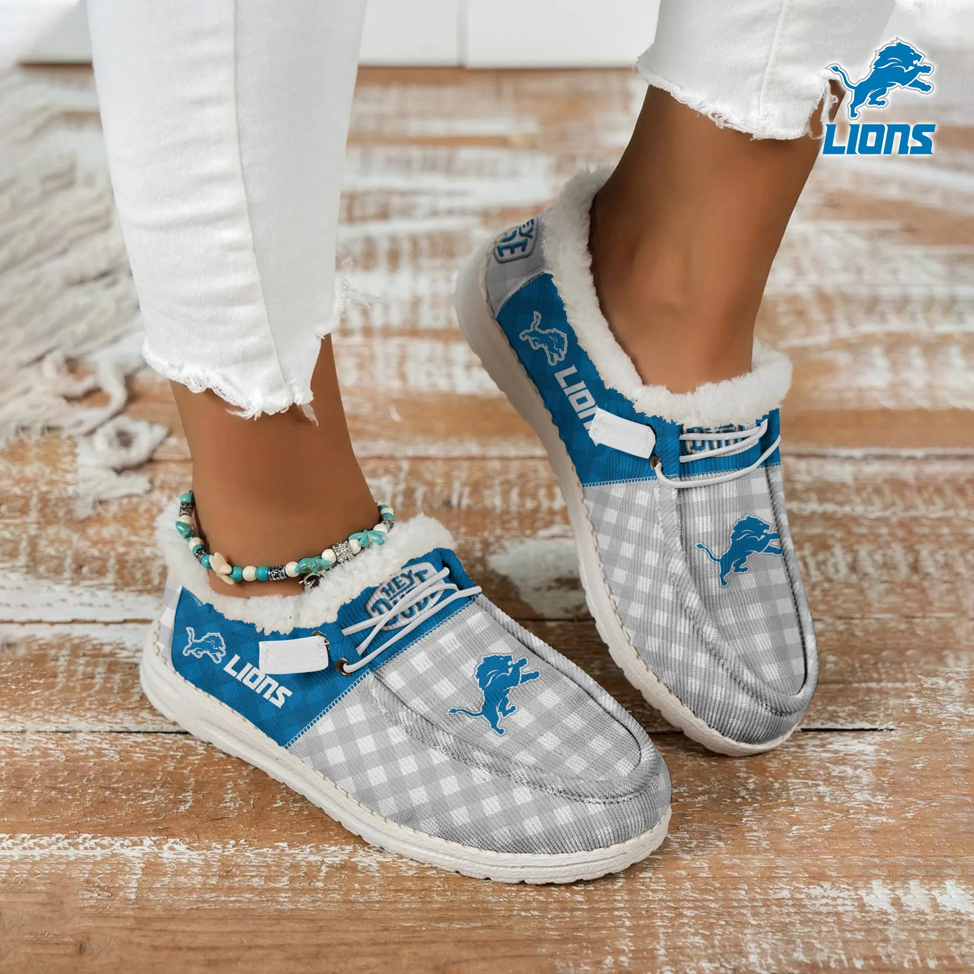 Detroit Lions Custom Name Hey Dude With Warm Fur Lining Shoe 440BT-4763