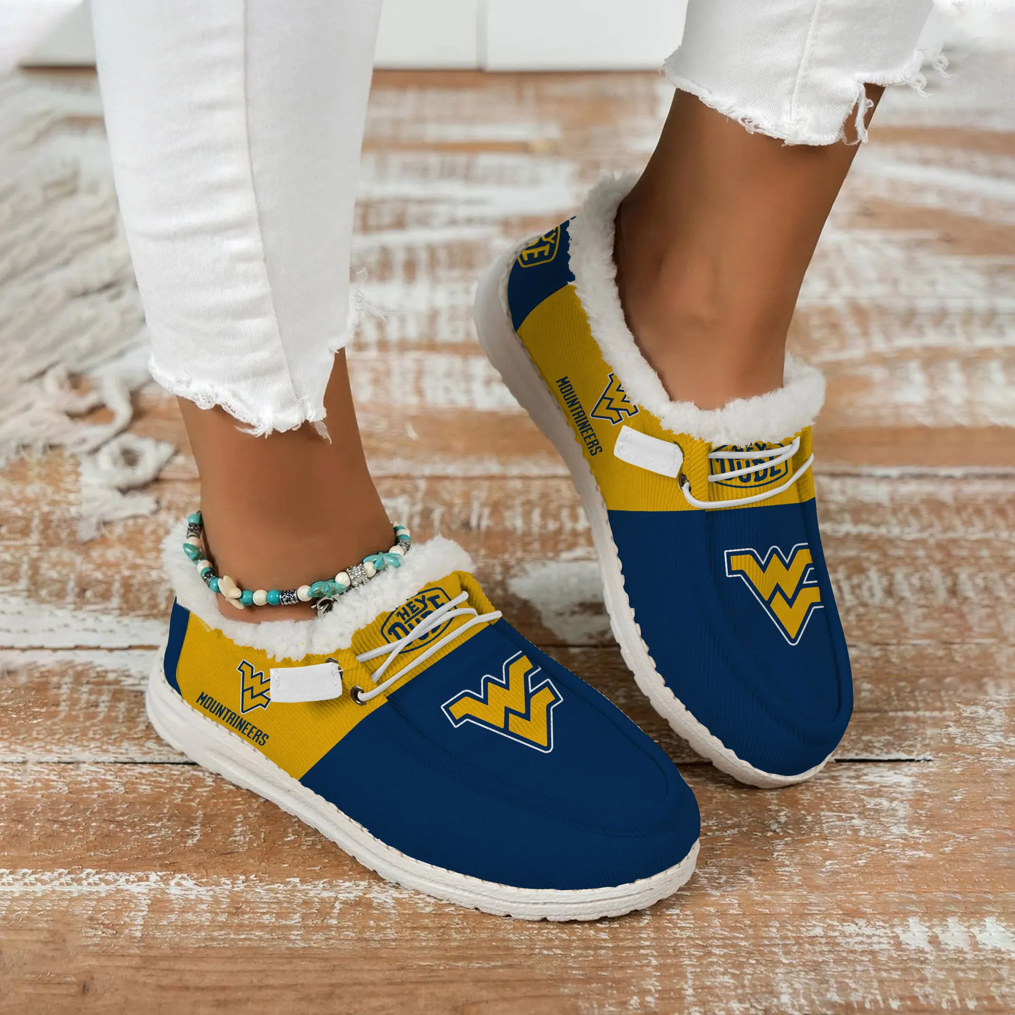 West Virginia Mountaineers Custom Name Hey Dude With Warm Fur Lining Shoe 800BN-3182