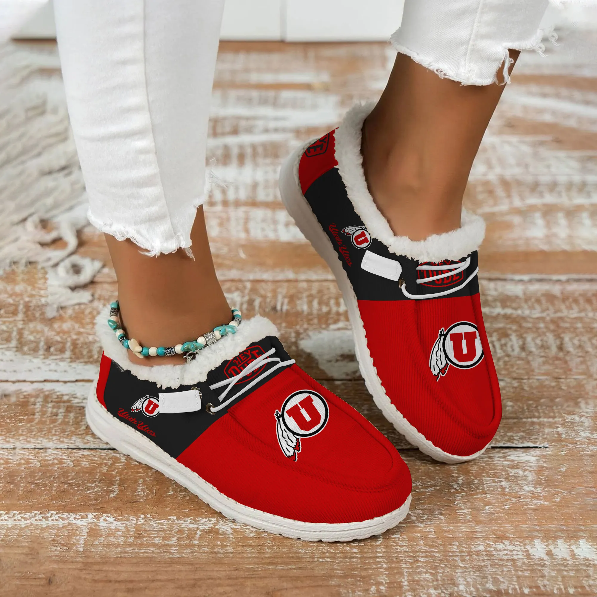Utah Utes Custom Name Hey Dude With Warm Fur Lining Shoe 704FJ-7155