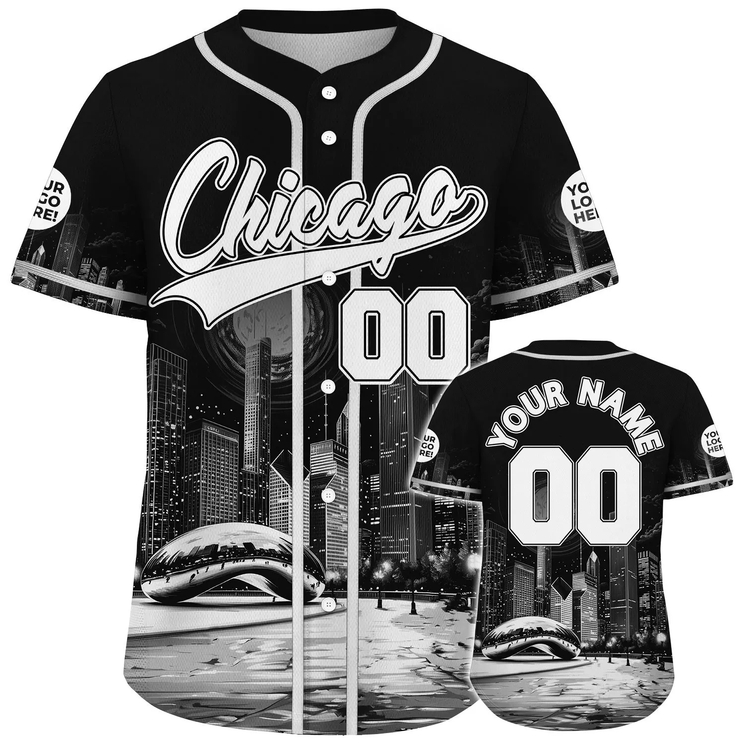 White Black Chicago Illinois The Bean Cloud Gate City Night Custom Name Baseball Jerseys For Men & Women