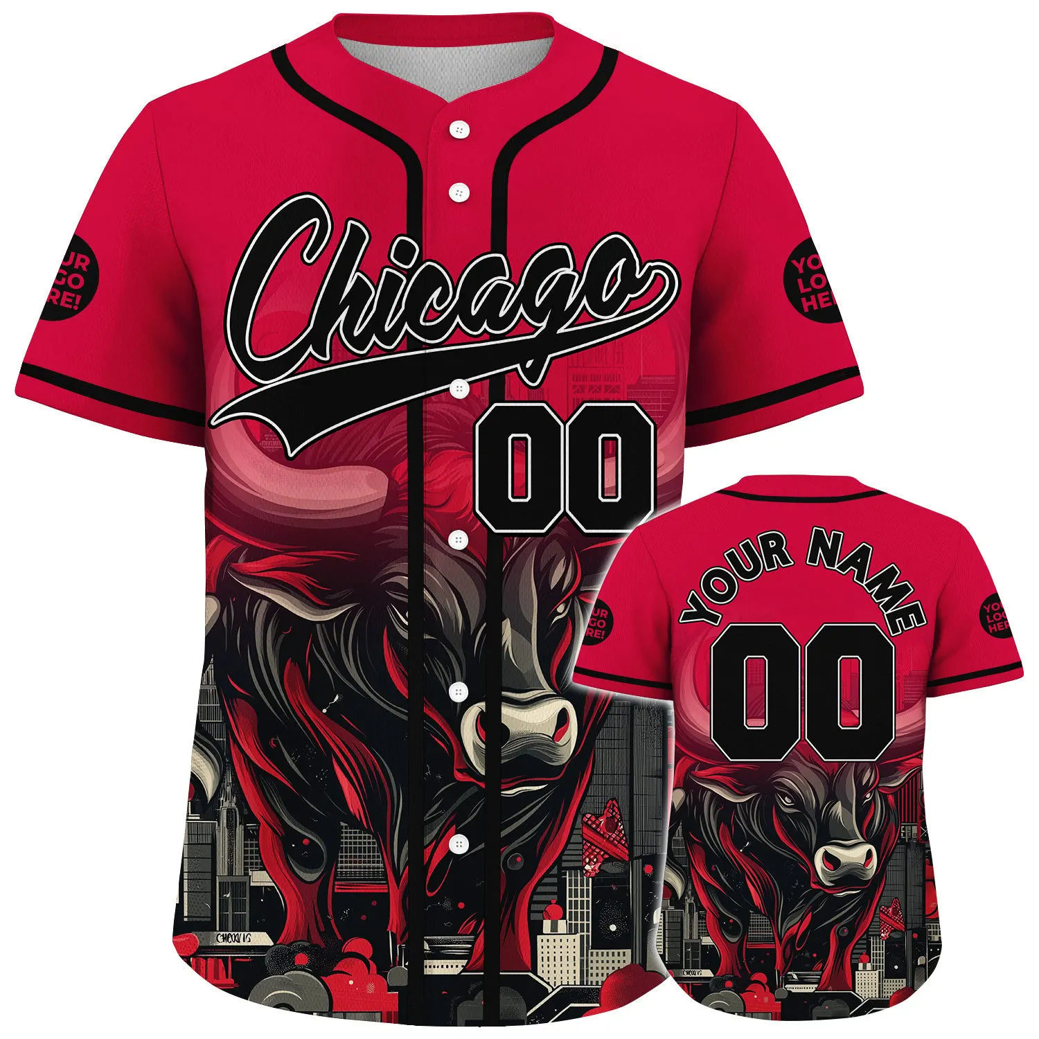 Black Red Chicago Illinois Powerful Bull In City Custom Name Baseball Jerseys For Men & Women