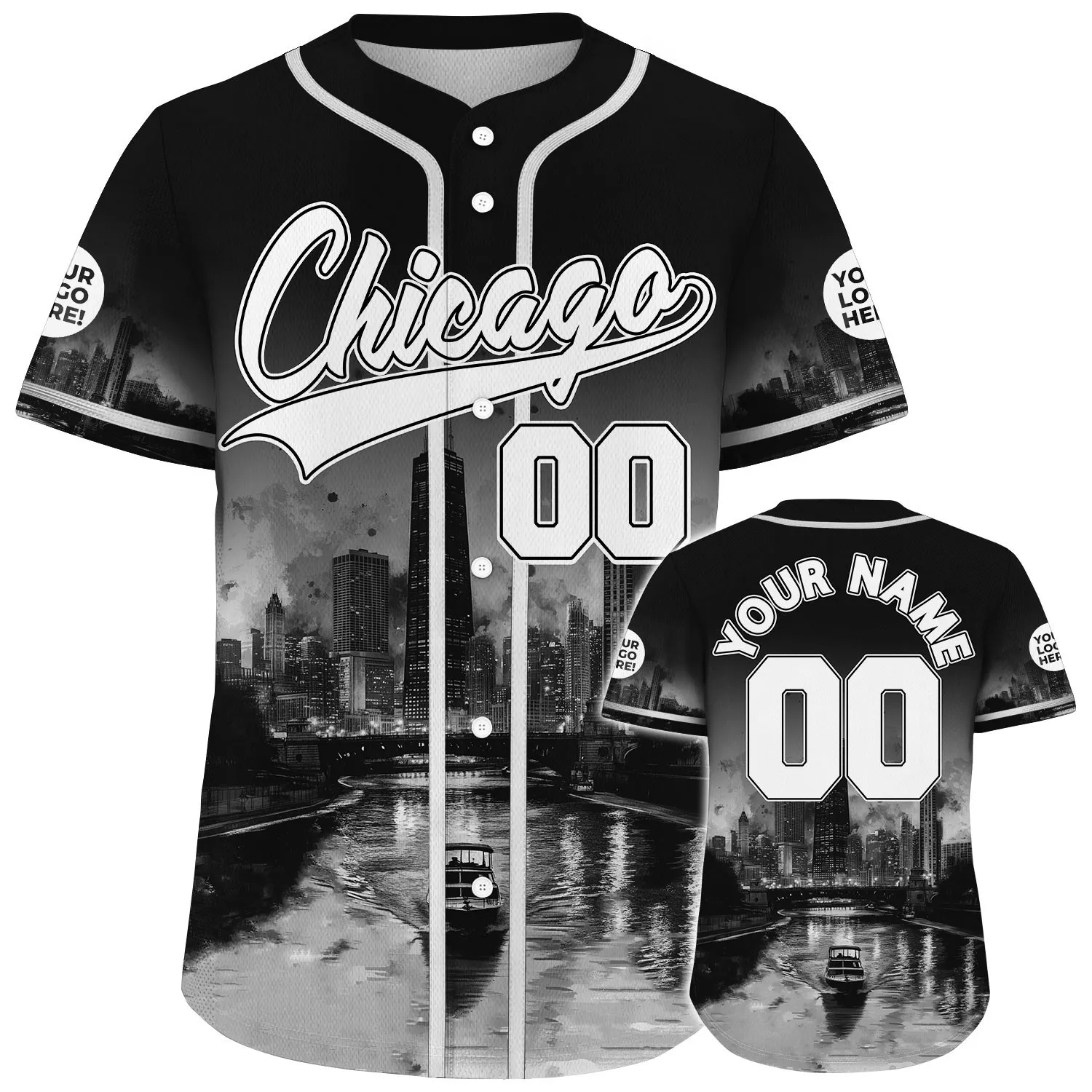 White Black Chicago Illinois John Hancock Center Starry Night Custom Name Baseball Jerseys For Men & Women