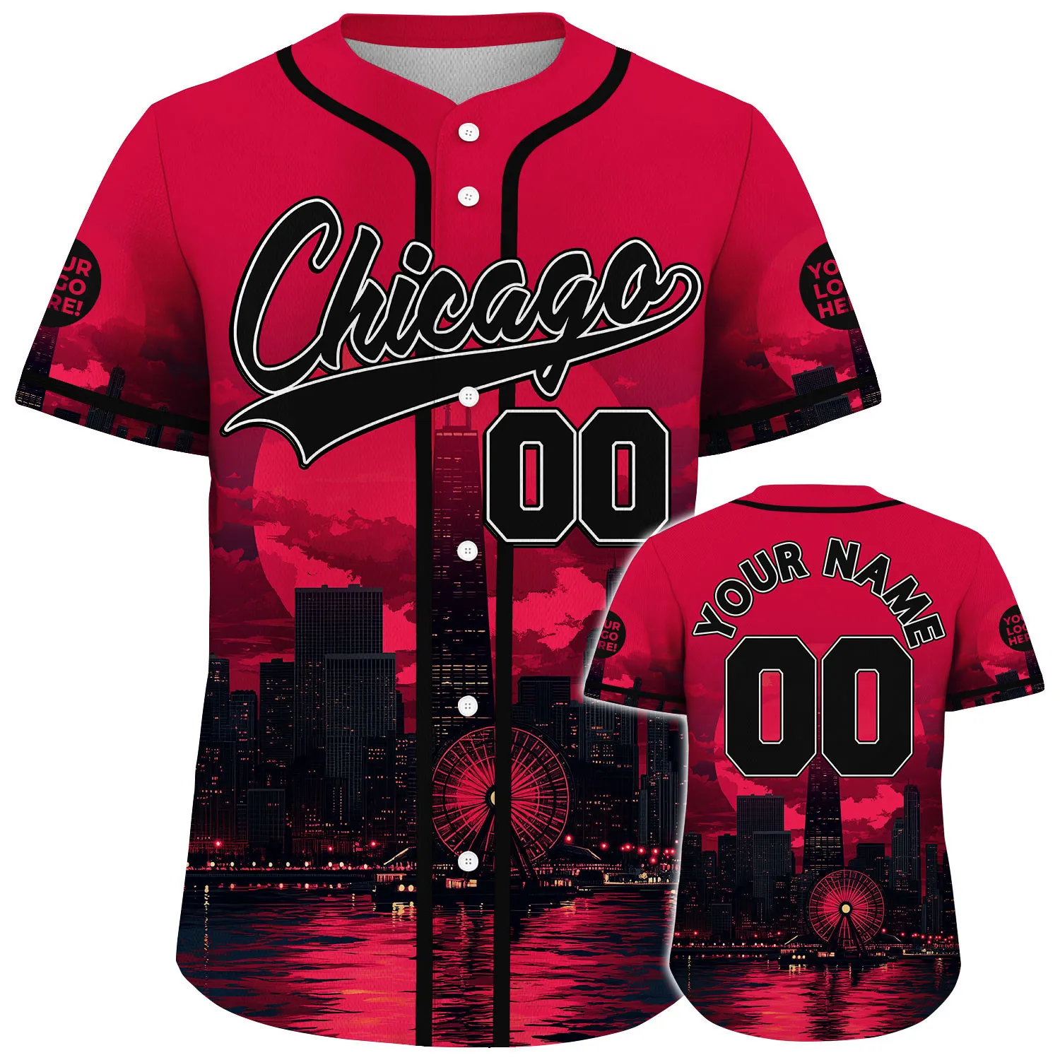 Black Red Chicago Illinois John Hancock Center Willis Wheel Full Moon Night Custom Name Baseball Jerseys For Men & Women