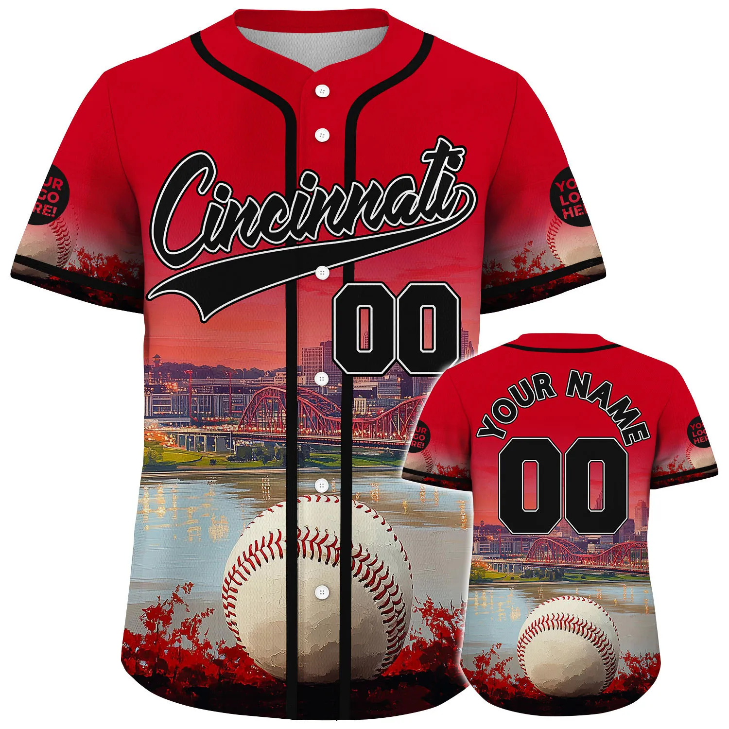 Black Red Cincinnati Ohio Great American Ball Park River View Custom Name Baseball Jerseys For Men & Women