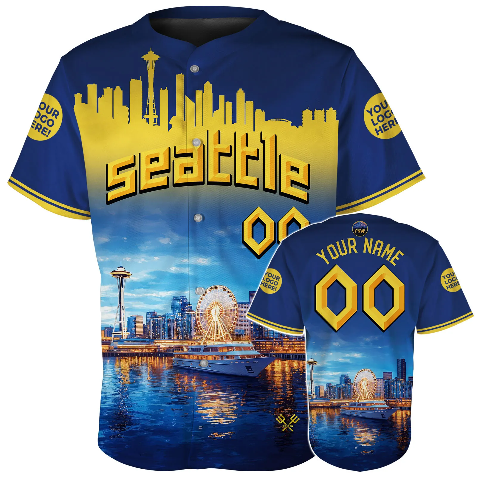 Seattle Waterfront Space Needle The Great Wheel Custom Name Baseball Jerseys For Men & Women