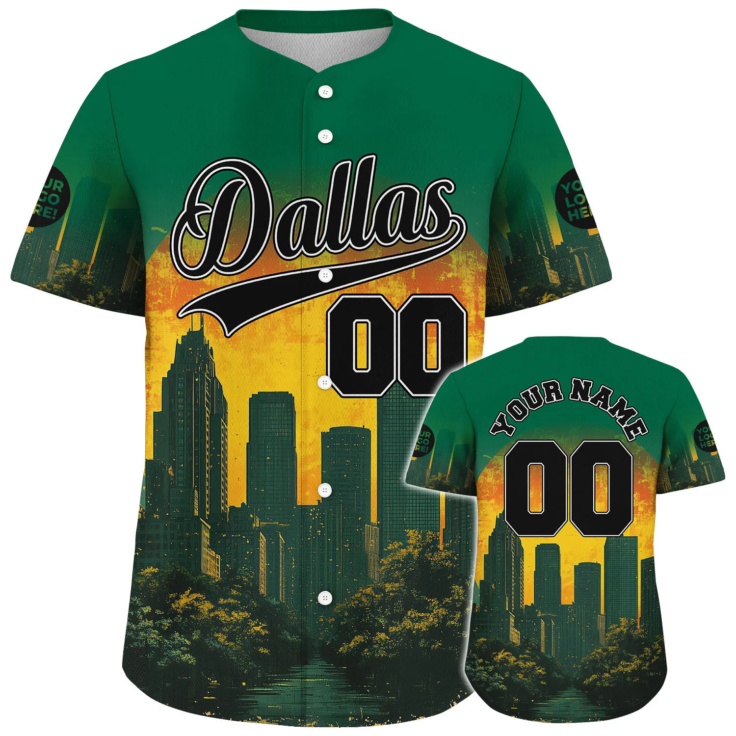 Black Green Dallas Texas Big Sun Skyline Custom Name Baseball Jerseys For Men & Women